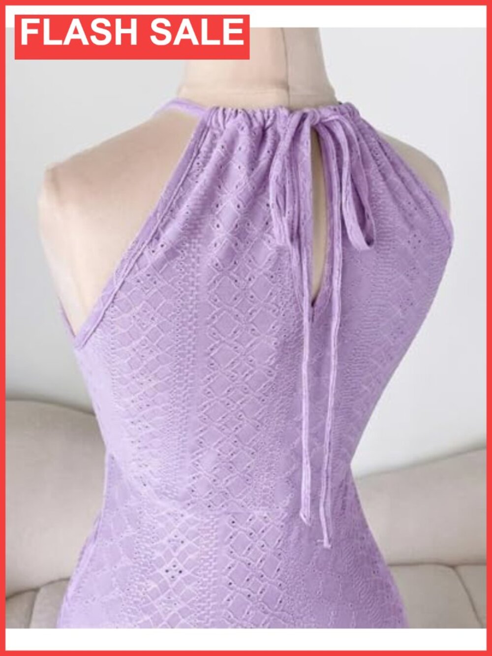 Women's Summer Halter Maxi Dress Eyelet Embroidery Side Slit - Picture 5 of 6